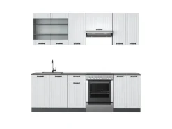 New Vicco Fame-Line Küchenzeile Weiß Landhaus/Anthrazit 240 cm ohne Arbeitsplatte ohne E-Geräte Weiß Strukturiert