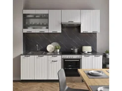 New Vicco Fame-Line Küchenzeile Weiß Landhaus/Anthrazit 240 cm ohne Arbeitsplatte ohne E-Geräte Weiß Strukturiert