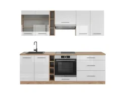 Einbauküchen<Vicco Fame-Line Küchenzeile Weiß Hochglanz/Goldkraft Eiche 235 cm AP Eiche ohne E-Geräte Hochglanz Weiß