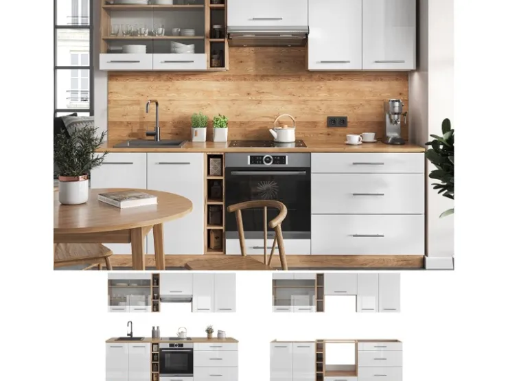 Einbauküchen<Vicco Fame-Line Küchenzeile Weiß Hochglanz/Goldkraft Eiche 235 cm AP Eiche ohne E-Geräte Hochglanz Weiß