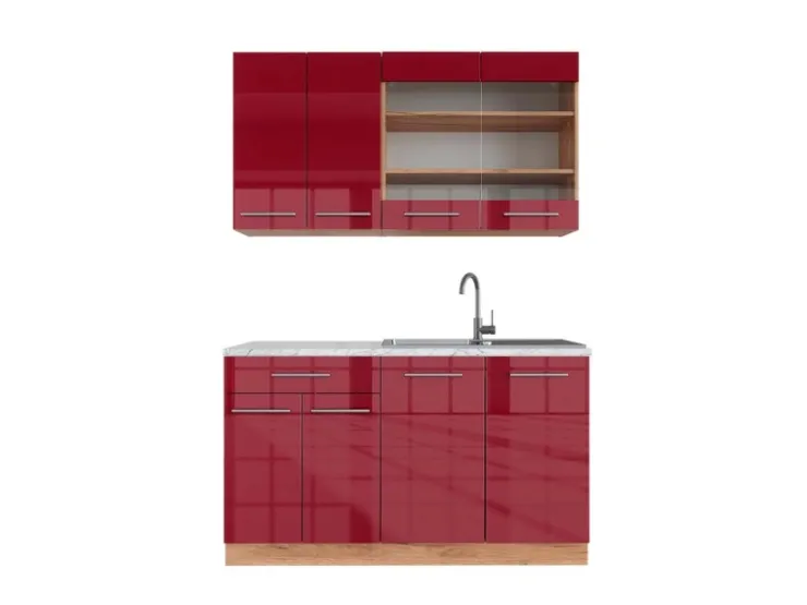 Discount Vicco Fame-Line Singleküche Bordeaux Hochglanz/Goldkraft Eiche 140 cm AP Marmor ohne E-Geräte Bordeaux-Glanz