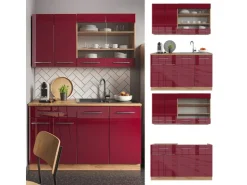 Single-Küchen<Vicco Fame-Line Singleküche Bordeaux Hochglanz/Goldkraft Eiche 140 cm AP Anthrazit ohne E-Geräte Bordeaux-Glanz