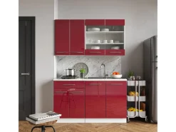 Clearance Vicco Fame-Line Singleküche Bordeaux Hochglanz/Weiß 140 cm AP Marmor ohne E-Geräte Single-Küchen