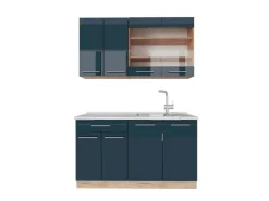 Single-Küchen<Vicco Fame-Line Singleküche Hochglanz/Goldkraft Eiche 140 cm AP Marmor ohne E-Geräte Dunkelblau