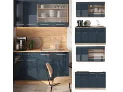 Single-Küchen<Vicco Fame-Line Singleküche Hochglanz/Goldkraft Eiche 140 cm AP Marmor ohne E-Geräte Dunkelblau