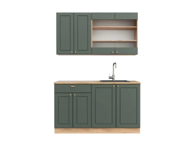 Single-Küchen<Vicco Fame-Line Singleküche -Gold Landhaus/Goldkraft Eiche 140 cm AP Eiche ohne E-Geräte Grün
