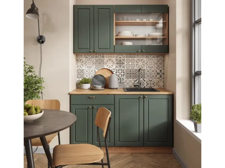 Single-Küchen|Einbauküchen<Vicco Fame-Line Singleküche -Gold Landhaus/Goldkraft Eiche 140 cm ohne Arbeitsplatte ohne E-Geräte Grün