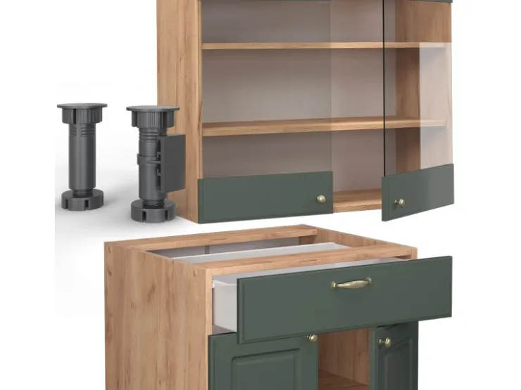 Single-Küchen|Einbauküchen<Vicco Fame-Line Singleküche -Gold Landhaus/Goldkraft Eiche 140 cm AP Marmor ohne E-Geräte Grün
