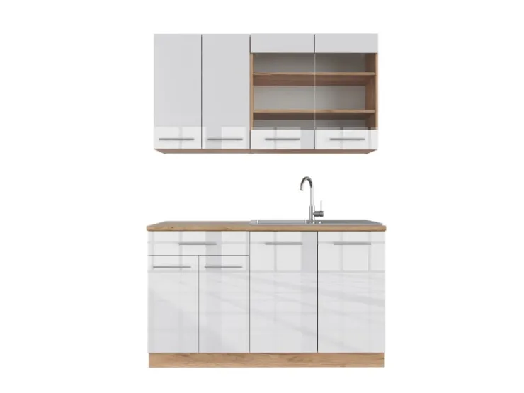 Hot Vicco Fame-Line Singleküche Weiß Hochglanz/Goldkraft Eiche 140 cm AP Eiche ohne E-Geräte Hochglanz Weiß
