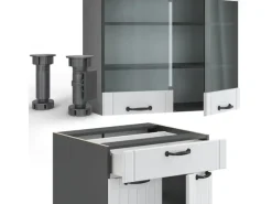 Clearance Vicco Fame-Line Singleküche Weiß Landhaus/Anthrazit 140 cm AP Marmor ohne E-Geräte Single-Küchen