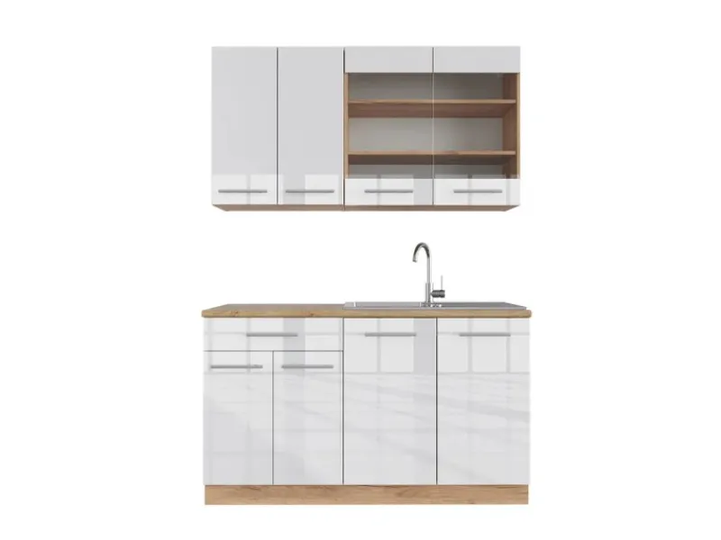 Clearance Vicco Fame-Line Singleküche Weiß Hochglanz/Goldkraft Eiche 140 cm ohne Arbeitsplatte ohne E-Geräte Single-Küchen