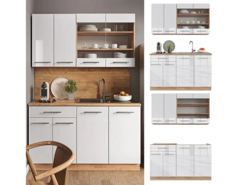 Clearance Vicco Fame-Line Singleküche Weiß Hochglanz/Goldkraft Eiche 140 cm ohne Arbeitsplatte ohne E-Geräte Single-Küchen