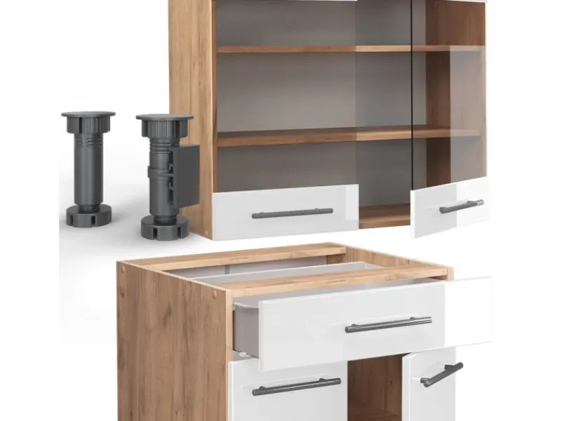 Clearance Vicco Fame-Line Singleküche Weiß Hochglanz/Goldkraft Eiche 140 cm ohne Arbeitsplatte ohne E-Geräte Single-Küchen