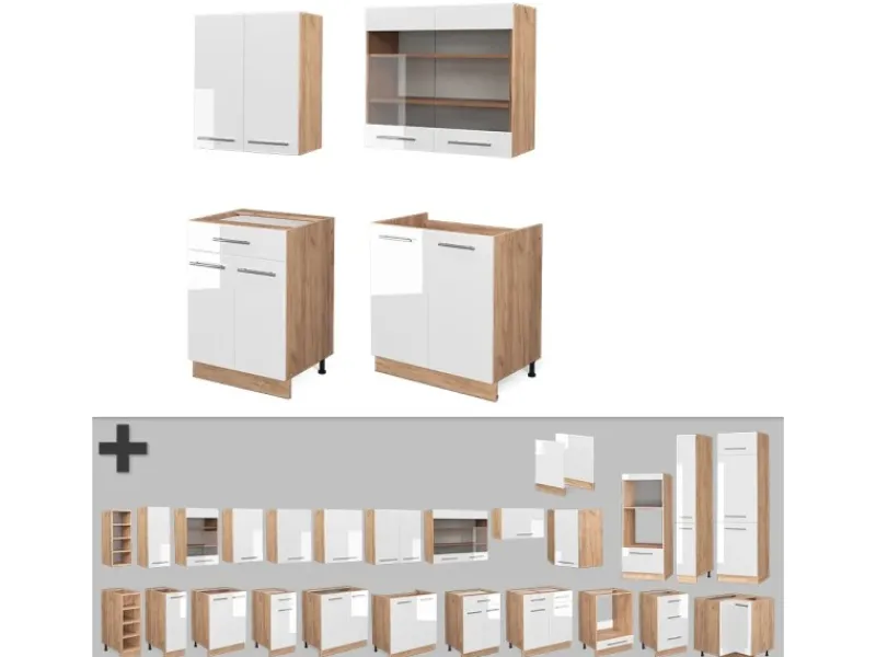 Clearance Vicco Fame-Line Singleküche Weiß Hochglanz/Goldkraft Eiche 140 cm ohne Arbeitsplatte ohne E-Geräte Single-Küchen