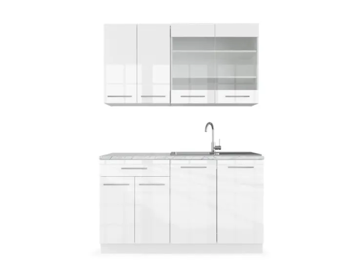 Single-Küchen|Herde<Vicco Fame-Line Singleküche Hochglanz/ 140 cm AP Marmor ohne E-Geräte Weiß