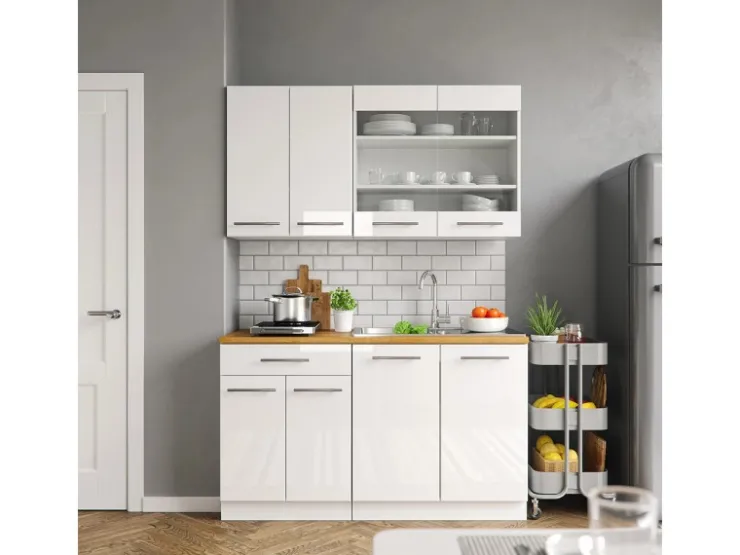 Single-Küchen|Herde<Vicco Fame-Line Singleküche Hochglanz/ 140 cm AP Marmor ohne E-Geräte Weiß
