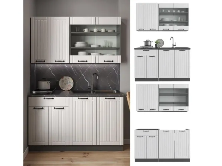 Sale Vicco Fame-Line Singleküche Weiß Landhaus/Anthrazit 140 cm AP Anthrazit ohne E-Geräte Weiß Strukturiert