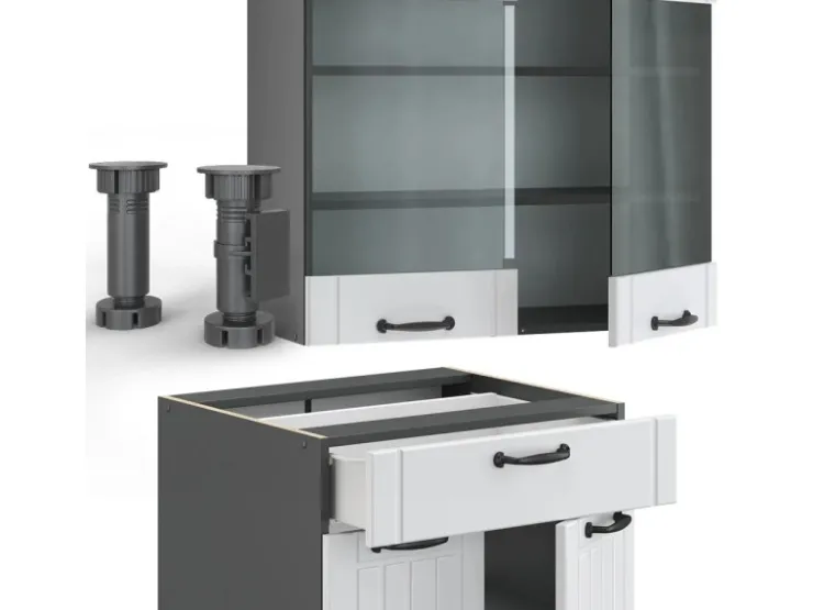 Sale Vicco Fame-Line Singleküche Weiß Landhaus/Anthrazit 140 cm AP Anthrazit ohne E-Geräte Weiß Strukturiert