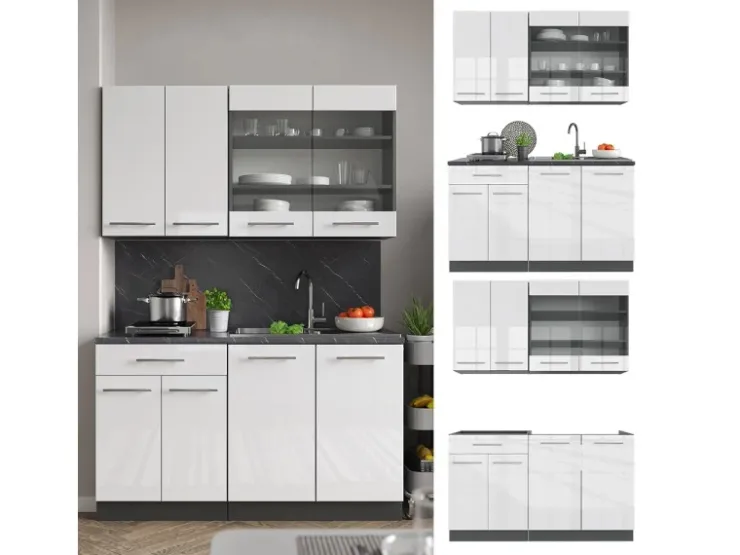 Hot Vicco Fame-Line Singleküche /Anthrazit 140 cm ohne Arbeitsplatte ohne E-Geräte Weiß Hochglanz