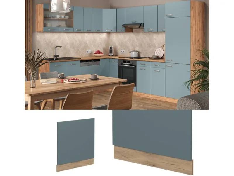 Clearance Vicco Frontblende R-Line Geschirrspüler Fronttür Blau-Grau/Goldkraft Eiche AP Marmor Einbauküchen