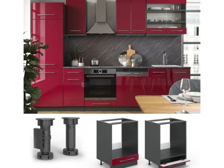 Herde|Kochfelder<Vicco Herdumbauschrank Fame-Line Bordeaux Hochglanz/Anthrazit 60 cm AP Marmor Bordeaux-Glanz