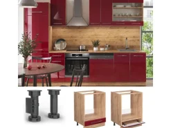 Einbauküchen<Vicco Herdumbauschrank Fame-Line Bordeaux Hochglanz/Goldkraft Eiche 60 cm ohne Arbeitsplatte Bordeaux-Glanz