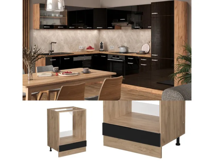 Online Vicco Herdumbauschrank R-Line Schwarz Hochglanz/Goldkraft Eiche 60 cm AP Eiche Schwarz Glänzend