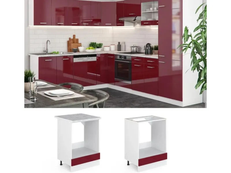 New Vicco Herdumbauschrank R-Line Bordeaux Hochglanz/Weiß 60 cm AP Marmor Herde