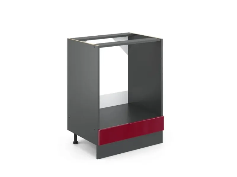 Vicco Herdumbauschrank R-Line Bordeaux Hochglanz/Anthrazit 60 cm ohne Arbeitsplatte Pfannen|Einbauküchen