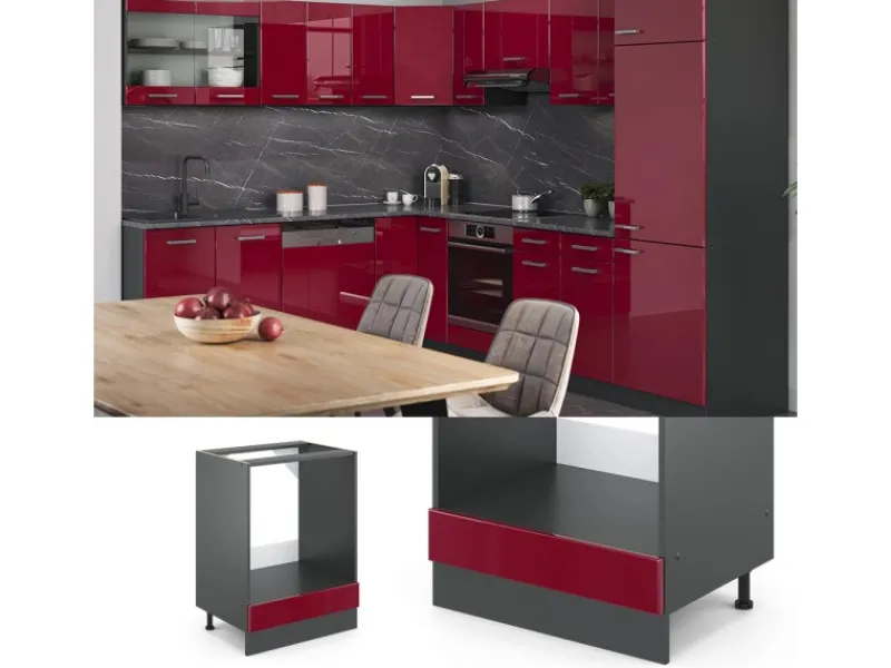 Vicco Herdumbauschrank R-Line Bordeaux Hochglanz/Anthrazit 60 cm ohne Arbeitsplatte Pfannen|Einbauküchen