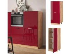 Küchenschränke<Vicco Hochschrank R-Line Küchenkommode Bordeaux Hochglanz/Goldkraft Eiche 60 cm Bordeaux-Glanz