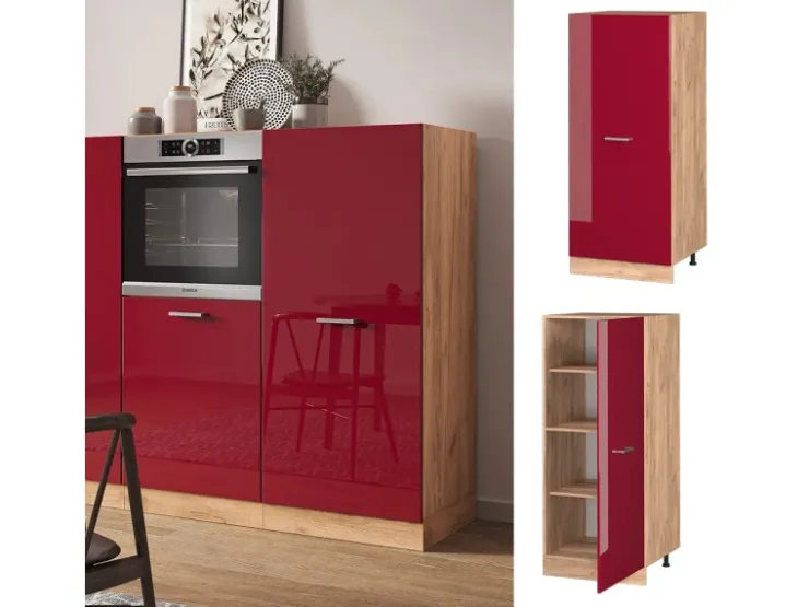 Küchenschränke<Vicco Hochschrank R-Line Küchenkommode Bordeaux Hochglanz/Goldkraft Eiche 60 cm Bordeaux-Glanz