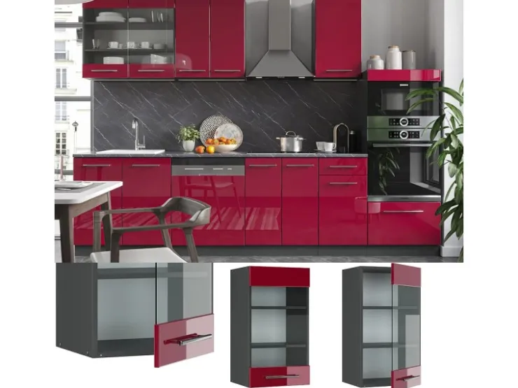 Best Vicco Küchenglasschrank Fame-Line Glashängeschrank Bordeaux Hochglanz/Anthrazit 40 cm Bordeaux-Glanz