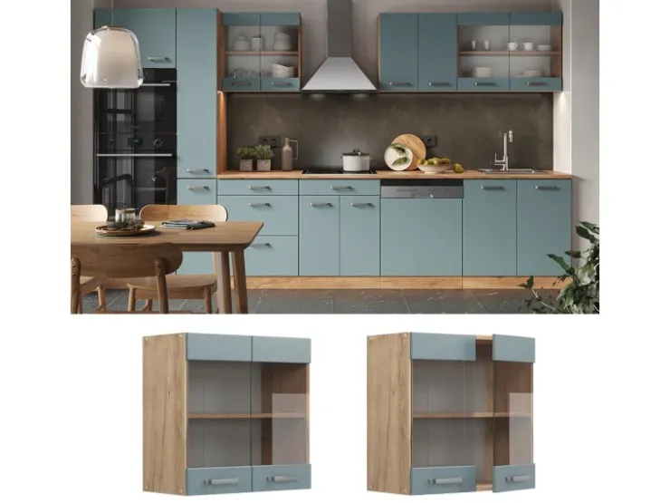 Küchenschränke<Vicco Küchenglasschrank R-Line Glashängeschrank Blau-Grau/Goldkraft Eiche 60 cm Blaugrau