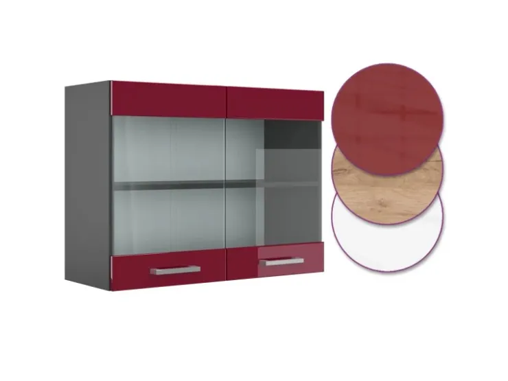 Sale Vicco Küchenglasschrank R-Line Glashängeschrank Bordeaux Hochglanz/Anthrazit 80 cm Bordeaux-Glanz
