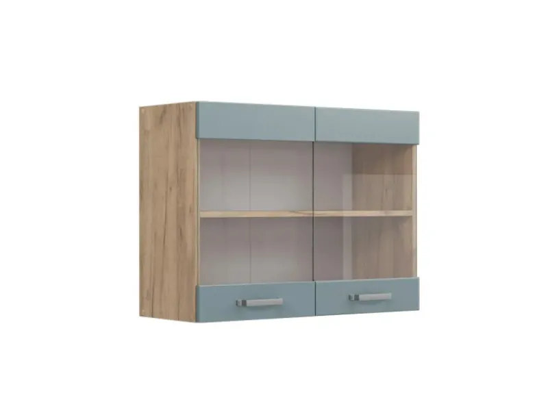 Sale Vicco Küchenglasschrank R-Line Glashängeschrank Blau-Grau/Goldkraft Eiche 80 cm Küchenschränke