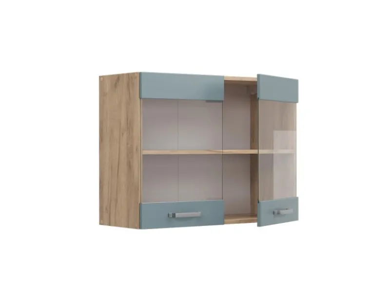 Sale Vicco Küchenglasschrank R-Line Glashängeschrank Blau-Grau/Goldkraft Eiche 80 cm Küchenschränke
