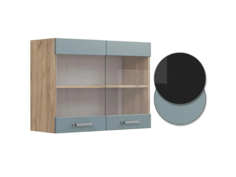 Sale Vicco Küchenglasschrank R-Line Glashängeschrank Blau-Grau/Goldkraft Eiche 80 cm Küchenschränke