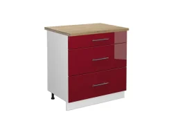 Clearance Vicco Küchenunterschrank Fame-Line Bordeaux Hochglanz/Weiß 80 cm mit 3 Schubladen AP Eiche Bordeaux-Glanz