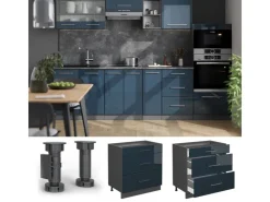 Clearance Vicco Küchenunterschrank Fame-Line Hochglanz/Anthrazit 80 cm mit 3 Schubladen AP Marmor Dunkelblau