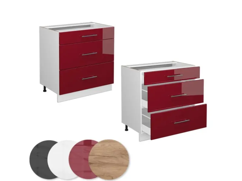 Vicco Küchenunterschrank Fame-Line Bordeaux Hochglanz/Weiß 80 cm mit 3 Schubladen ohne Arbeitsplatte Küchenschränke
