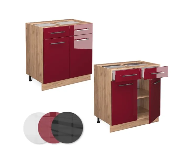 Sale Vicco Küchenunterschrank Fame-Line Bordeaux Hochglanz/Goldkraft Eiche 80 cm AP Eiche Bordeaux-Glanz