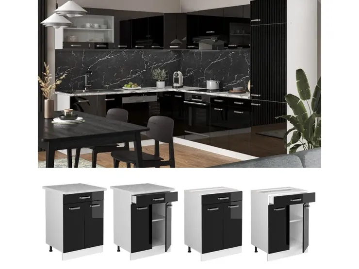 Sale Vicco Küchenunterschrank R-Line Schwarz Hochglanz 60 cm mit Schublade ohne Arbeitsplatte Schwarz Glänzend