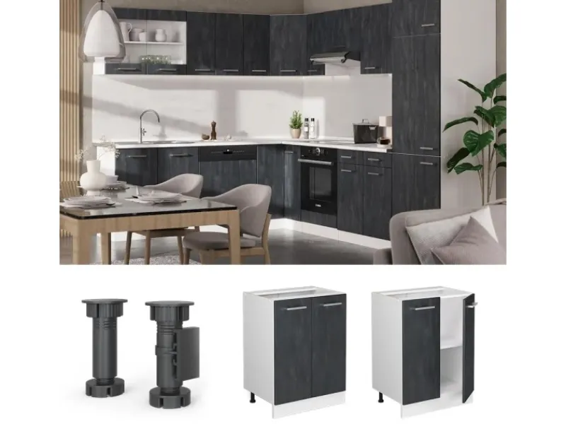 Vicco Küchenunterschrank R-Line Schwarz Beton/Weiß 60 cm AP Anthrazit Herde|Küchenschränke