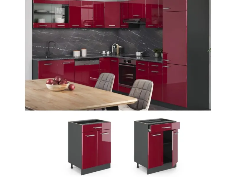 Sale Vicco Küchenunterschrank R-Line Bordeaux Hochglanz/Anthrazit 60 cm mit Schublade ohne Arbeitsplatte Pfannen|Einbauküchen