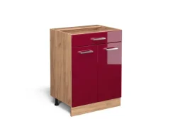 Pfannen<Vicco Küchenunterschrank R-Line Bordeaux Hochglanz/Goldkraft Eiche 60 cm mit Schublade ohne Arbeitsplatte Bordeaux-Glanz