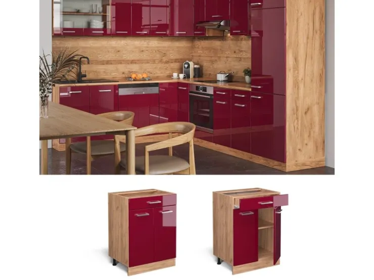 Pfannen<Vicco Küchenunterschrank R-Line Bordeaux Hochglanz/Goldkraft Eiche 60 cm mit Schublade ohne Arbeitsplatte Bordeaux-Glanz