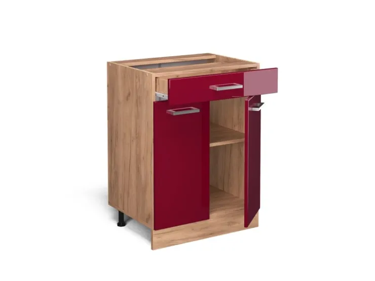 Pfannen<Vicco Küchenunterschrank R-Line Bordeaux Hochglanz/Goldkraft Eiche 60 cm mit Schublade ohne Arbeitsplatte Bordeaux-Glanz