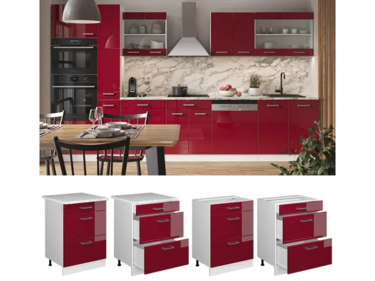 Sale Vicco Küchenunterschrank R-Line Bordeaux Hochglanz/Weiß 60 cm mit Schubladen ohne Arbeitsplatte Bordeaux-Glanz