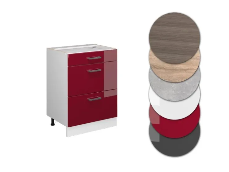 Sale Vicco Küchenunterschrank R-Line Bordeaux Hochglanz/Weiß 60 cm mit Schubladen ohne Arbeitsplatte Bordeaux-Glanz